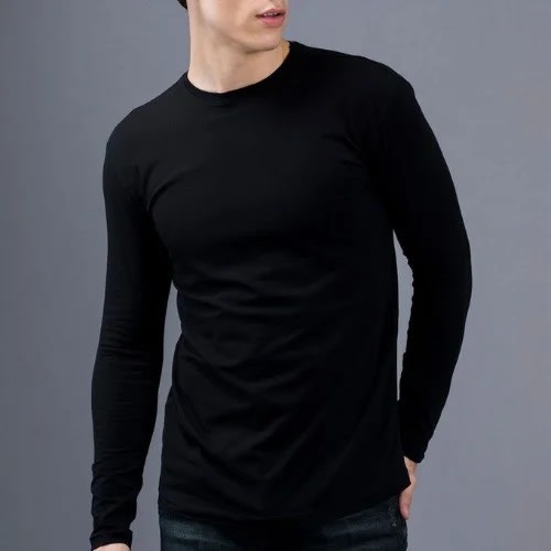 Long Sleeve Plain Round Neck T-shirt For Men - Black