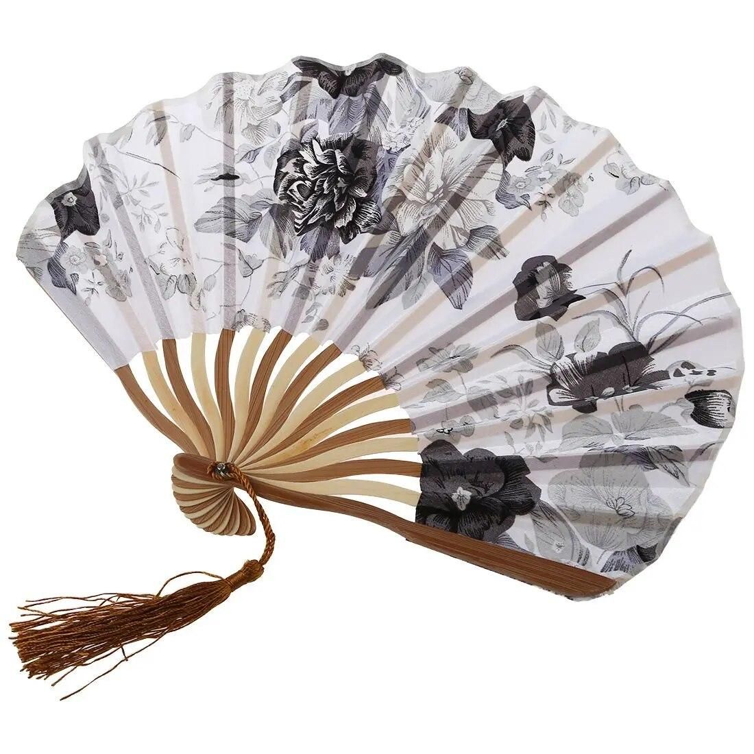 Hot Sale Chinese Gray Peony Blossom Fabric Bamboo Folding Dancing Hand Fan White