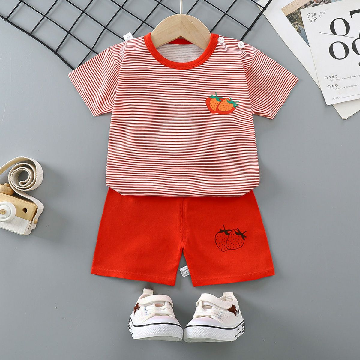 Summer Cotton Children's Short Sleeve Suit - Red