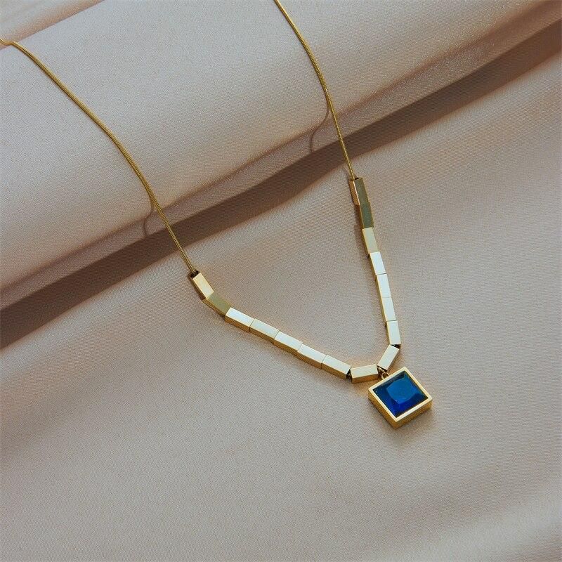 DIEYURO 316L Stainless Steel Square Blue Zircon Necklace For Women New Trend Geometric Clavicle Chain Neck Jewelry Party Gifts
