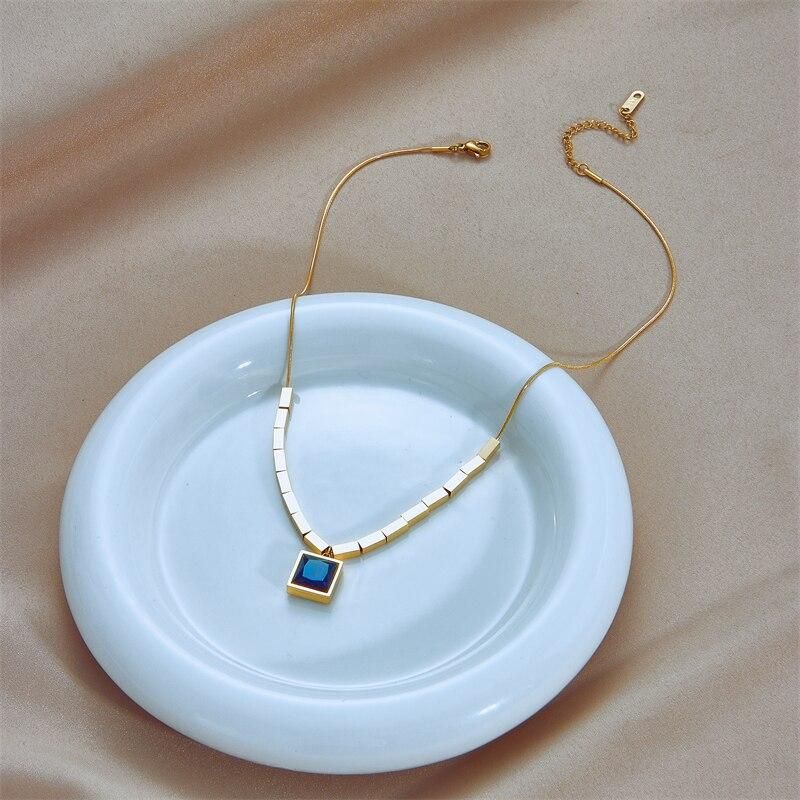 DIEYURO 316L Stainless Steel Square Blue Zircon Necklace For Women New Trend Geometric Clavicle Chain Neck Jewelry Party Gifts