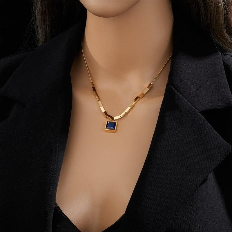 DIEYURO 316L Stainless Steel Square Blue Zircon Necklace For Women New Trend Geometric Clavicle Chain Neck Jewelry Party Gifts