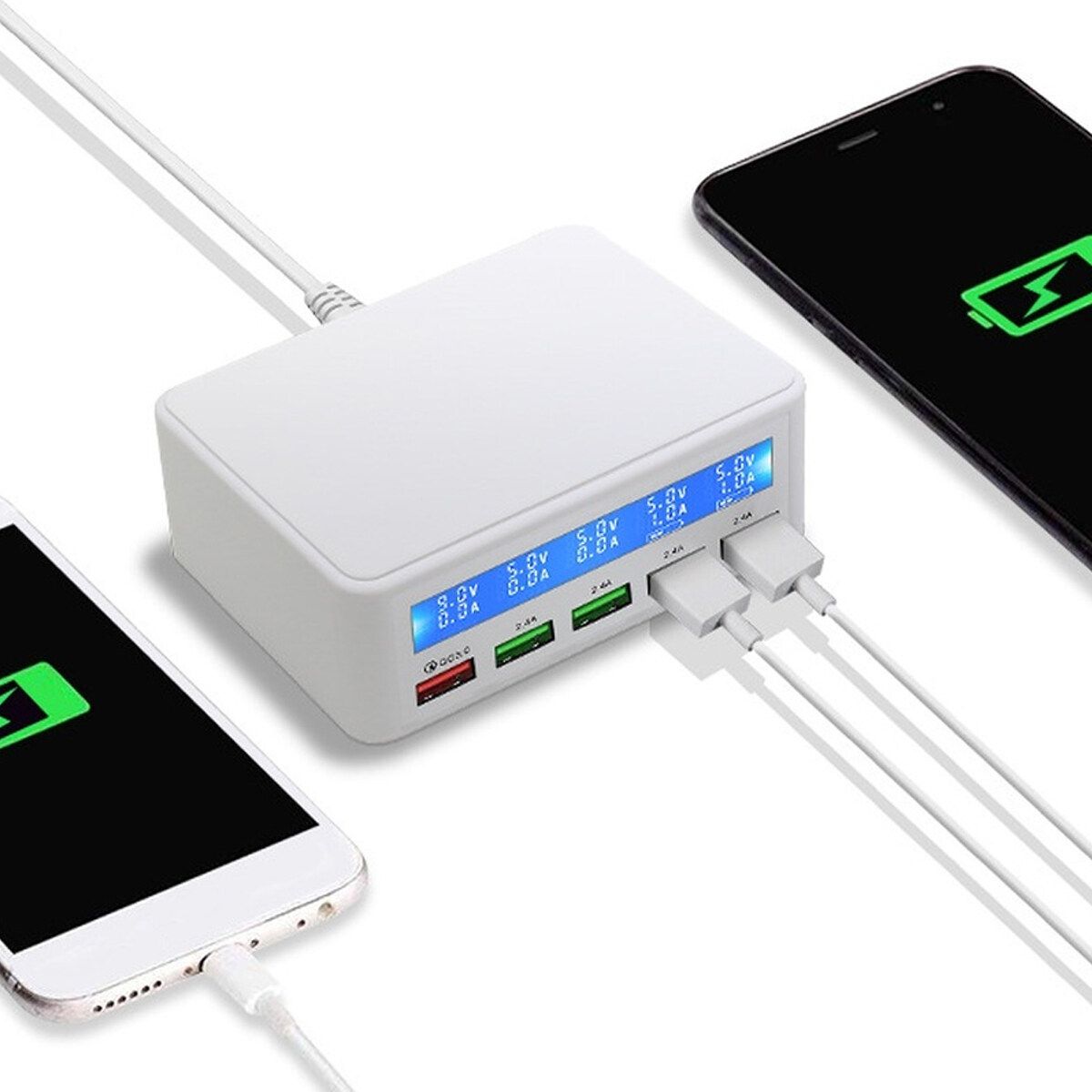 Fast 5-Port USB Adapter QC3.0 Desktop Phone Charging High Speed LCD Charger -- Black / White White-UK Plug