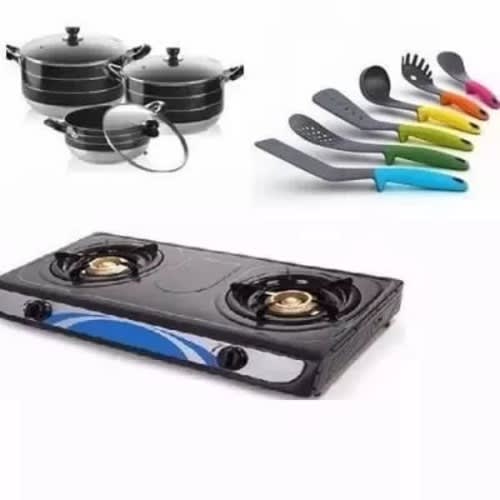 2 Burner Gas Cooker, 3 Set Non Stick Pot And Spoon Bundle