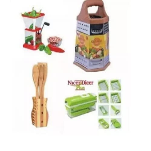 Stainless Chilly Cutter + Nicer Dicer + Wooden Spoon Set + Grater
