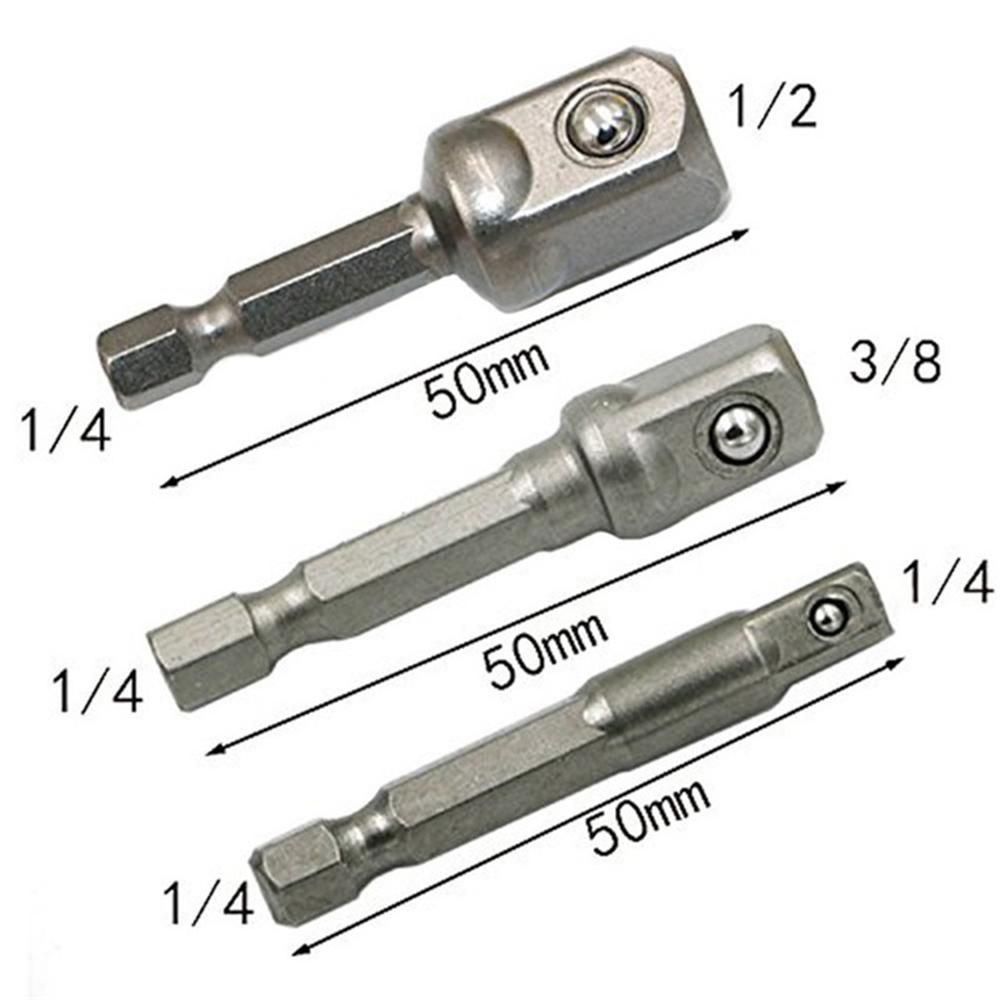 3pcs Chrome Vanadium Steel Socket Adapter Wrench Hex Shank to 1/4" 3/8" 1/2" Extension Drill Bits Bar Hex Bit Set Power Tools