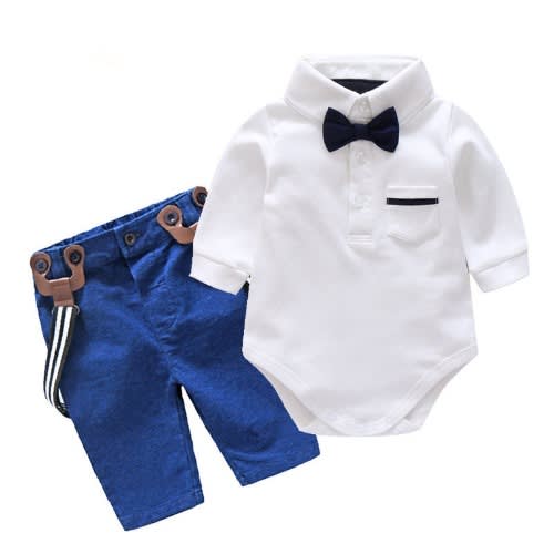 Boy 3pcs Long-sleeve Suspender Set- Blue/ White