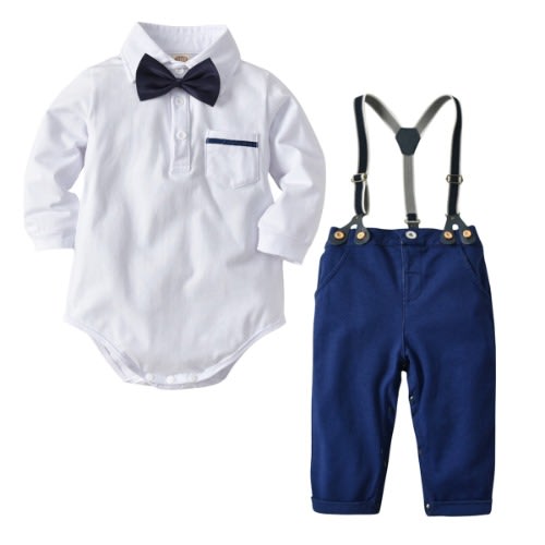 Boy 3pcs Long-sleeve Suspender Set- Blue/ White