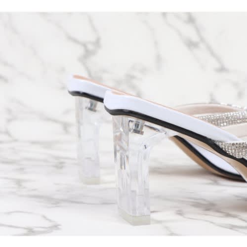 Rhinestone Square Toe High Transparent Heel Ladies White Slippers