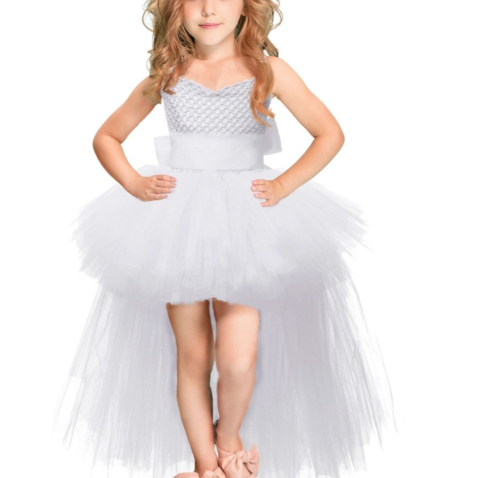 White Girls Lace Sling Dress Mesh Tutu Party Dress, KId Size:5-6 Age(110-120cm)