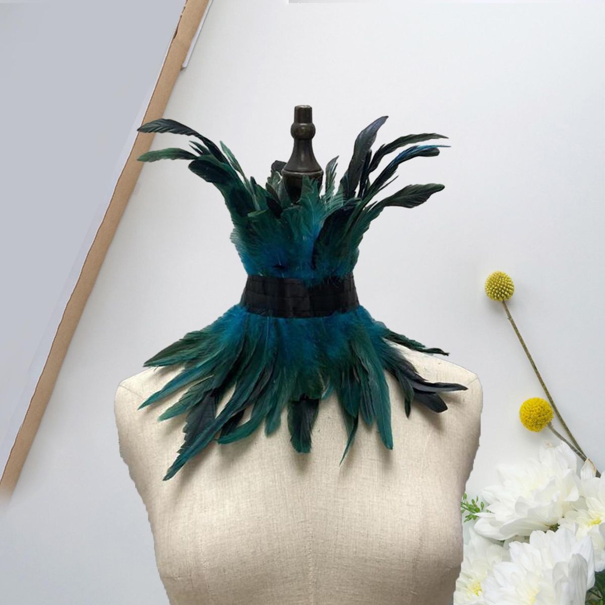 Faux Feather Scarf Feathered Lace Neck Sleeve Chic Punk for Women Lake Blue