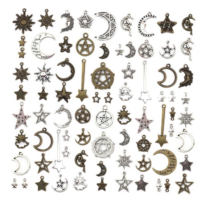 76pcs Antique Star & Moons Charms Pendants Xmas Tree Hanging Decors