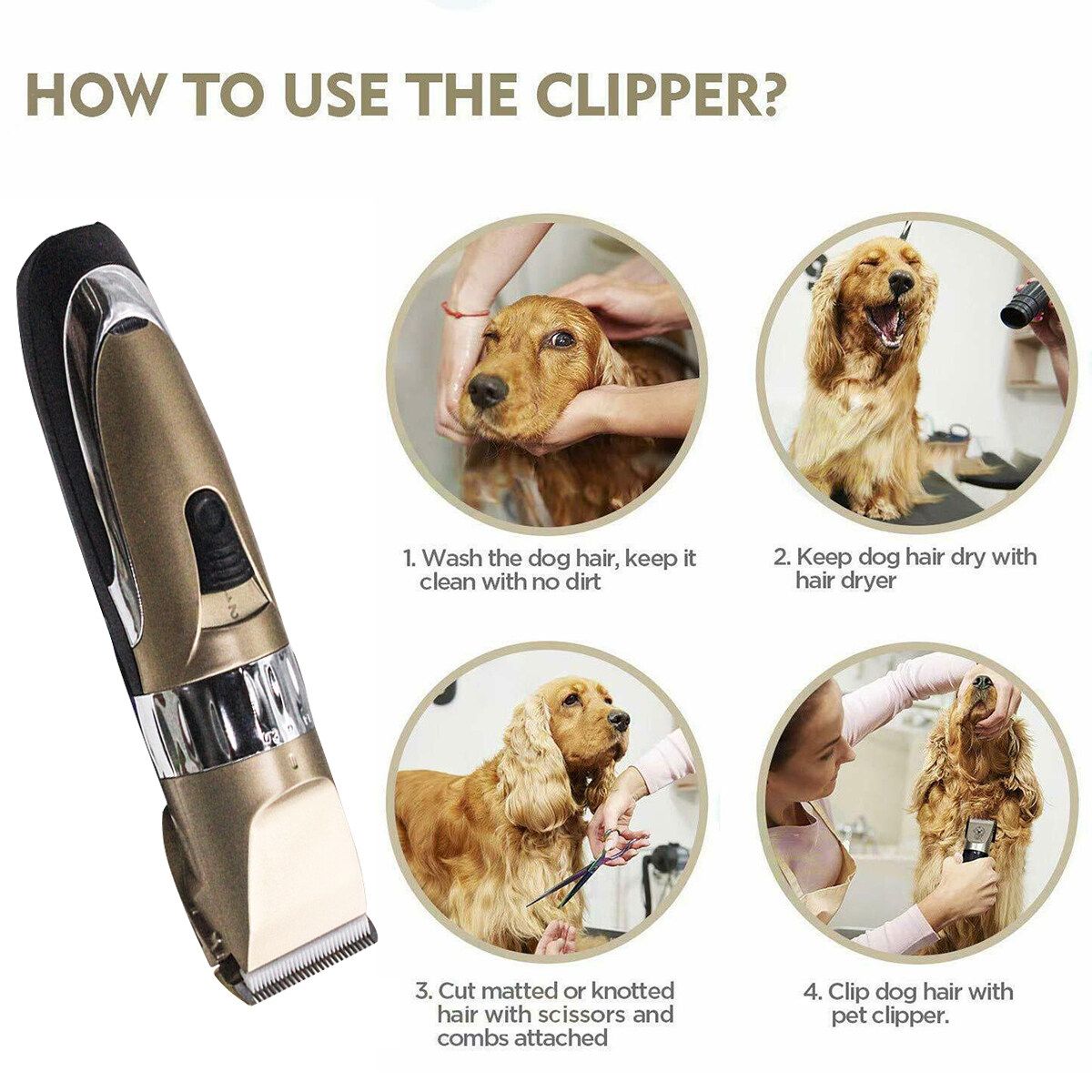 Professional USB Rechargeable Dog Grooming Clippers Cordless Pet Clippers Hair Trimmer With Li-ion Low Noise Electric Dog Hair Machine Kit With 3/6/9/12mm Comb Guide Pet Grooming Kits