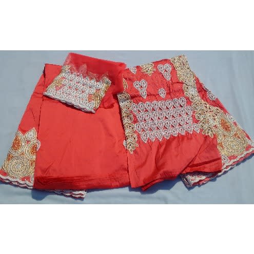 Coral Peach Pre-cut Indian Lace George With Blouse - 7 Yards