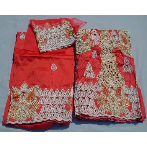 Coral Peach Pre-cut Indian Lace George With Blouse - 7 Yards