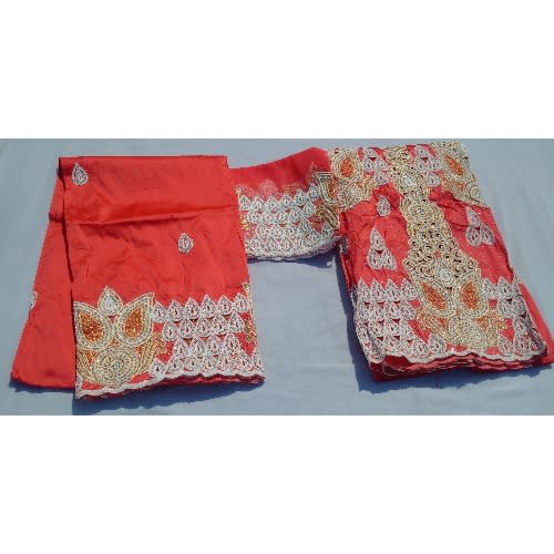 Coral Peach Pre-cut Indian Lace George With Blouse - 7 Yards