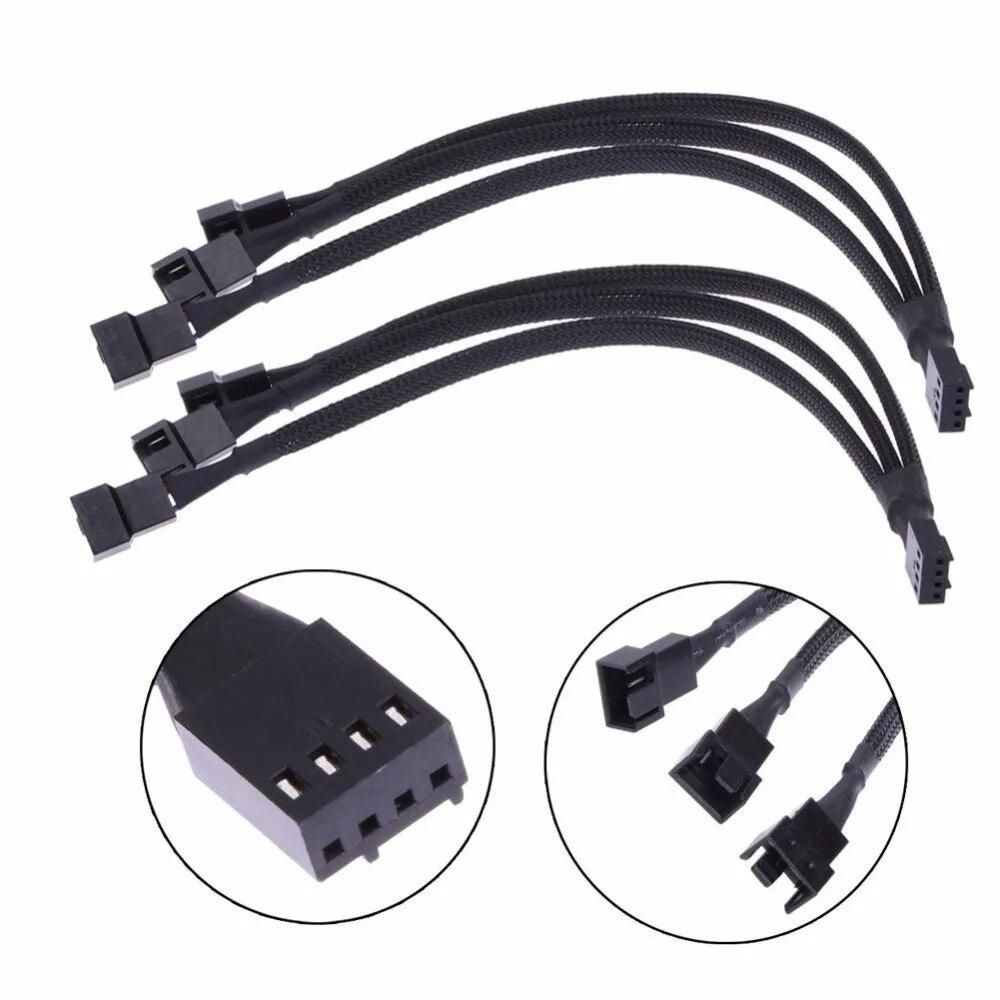 2PCS 3-Pin Female to 4 x 3-Pin Male Computer Case Fan Splitter Power Connector Black Sleeved Adapter Cable