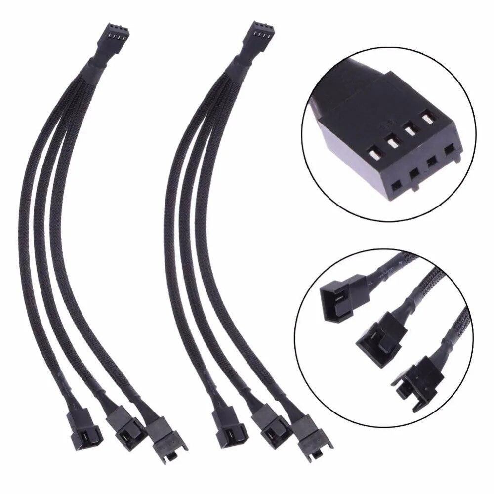 2PCS 3-Pin Female to 4 x 3-Pin Male Computer Case Fan Splitter Power Connector Black Sleeved Adapter Cable