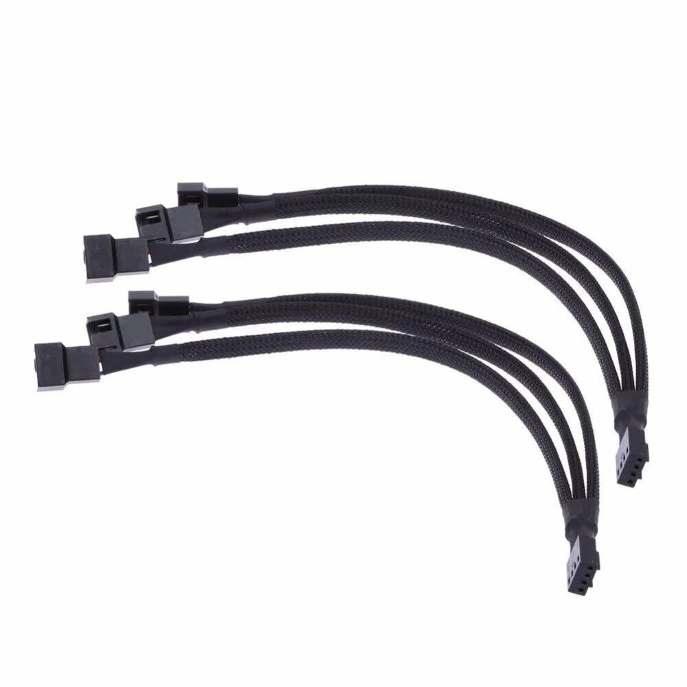 2PCS 3-Pin Female to 4 x 3-Pin Male Computer Case Fan Splitter Power Connector Black Sleeved Adapter Cable