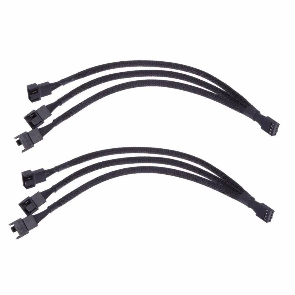 2PCS 3-Pin Female to 4 x 3-Pin Male Computer Case Fan Splitter Power Connector Black Sleeved Adapter Cable