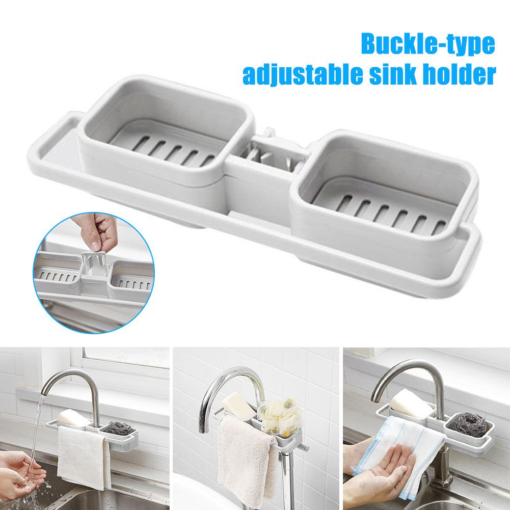 Kitchen Sink Dish Plate Drainer Soap Sponge Storage Rack Shelf Tray Organizer-Grey