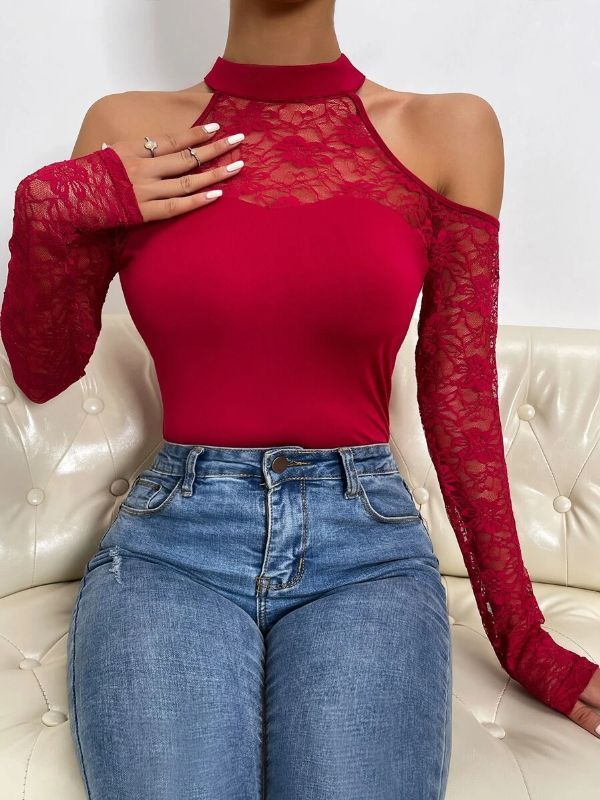 Ladies Lace Panel Cold Shoulder Bodysuit