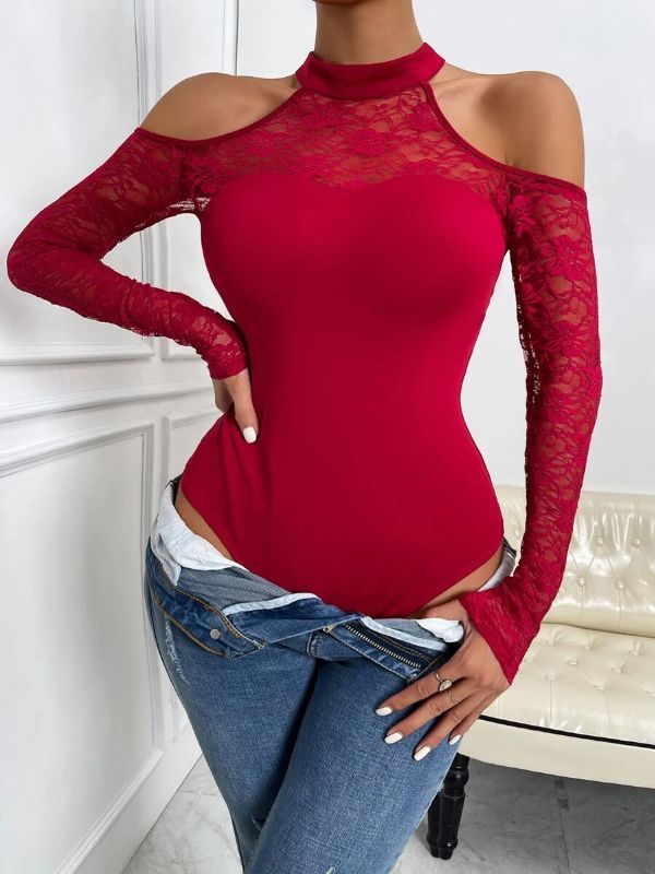 Ladies Lace Panel Cold Shoulder Bodysuit