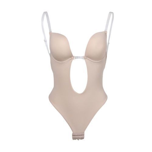 Women Slimming Body Shapers Slips Shapewear Deep U Plunge Bra Seamless Push Up Bra Thong Underwear Backless Party Dress Bodysuit(#Skin Color)