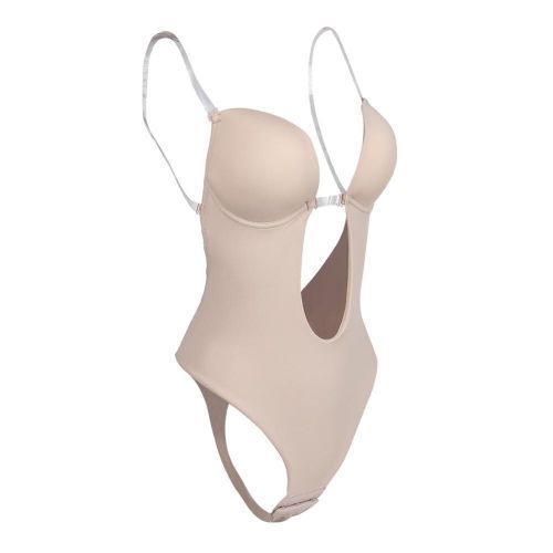Women Slimming Body Shapers Slips Shapewear Deep U Plunge Bra Seamless Push Up Bra Thong Underwear Backless Party Dress Bodysuit(#Skin Color)
