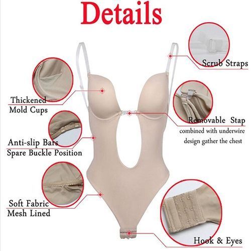 Women Slimming Body Shapers Slips Shapewear Deep U Plunge Bra Seamless Push Up Bra Thong Underwear Backless Party Dress Bodysuit(#Skin Color)
