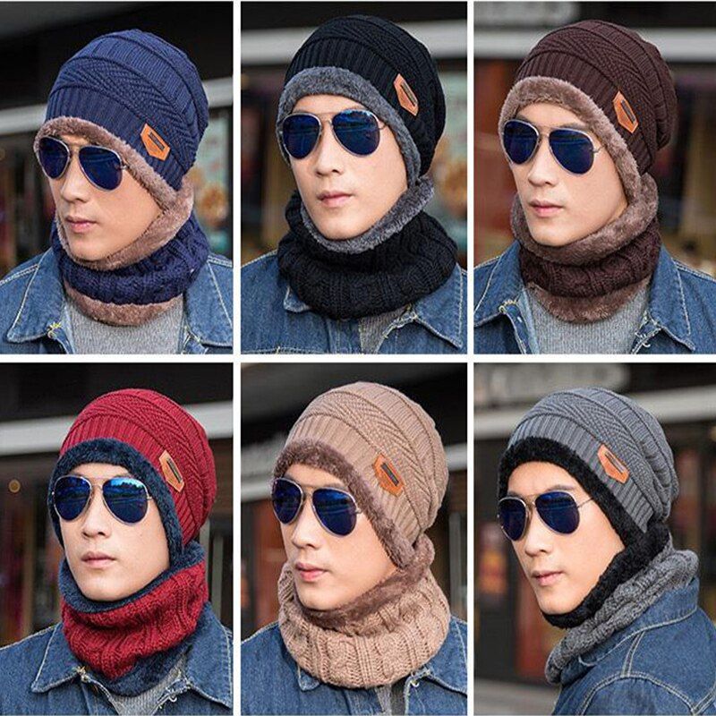 Men's Fashion Winter Beanie Hat Scarf Casual Knitted Beanies Caps Mufflers Scarves Warm Hats For Men *RUSSIA STOCK(#Black)