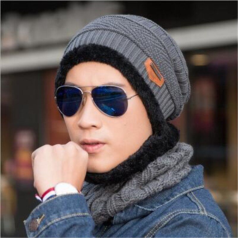 Men's Fashion Winter Beanie Hat Scarf Casual Knitted Beanies Caps Mufflers Scarves Warm Hats For Men *RUSSIA STOCK(#Black)