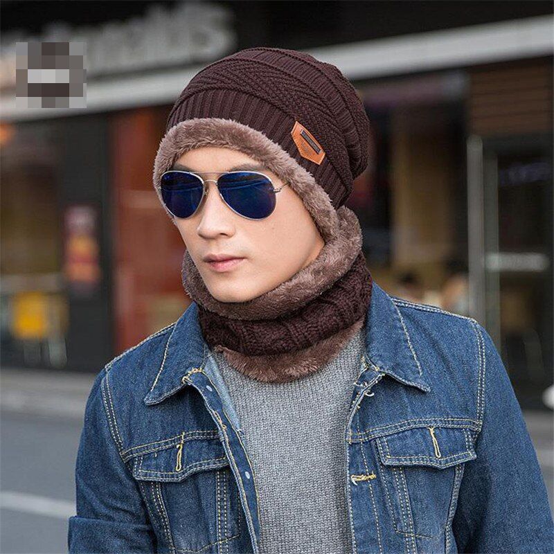 Men's Fashion Winter Beanie Hat Scarf Casual Knitted Beanies Caps Mufflers Scarves Warm Hats For Men *RUSSIA STOCK(#Black)