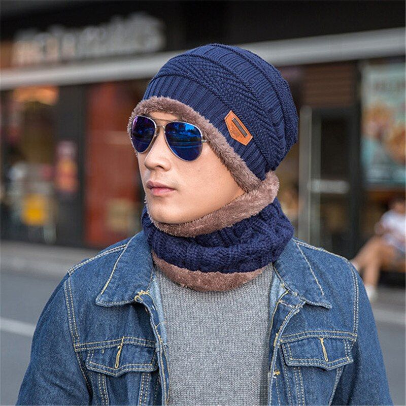 Men's Fashion Winter Beanie Hat Scarf Casual Knitted Beanies Caps Mufflers Scarves Warm Hats For Men *RUSSIA STOCK(#Black)