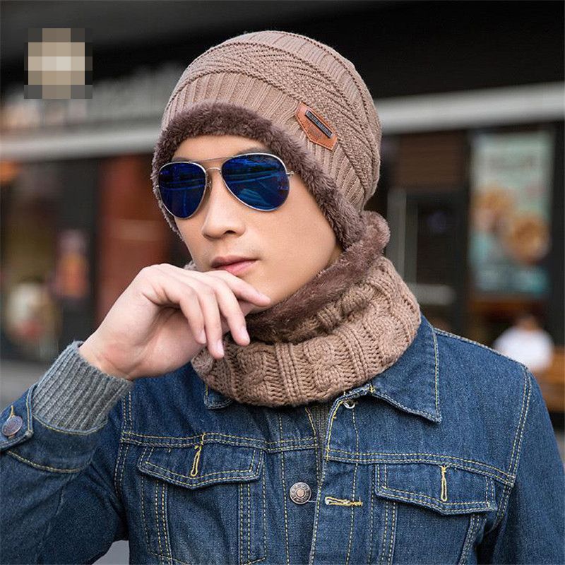 Men's Fashion Winter Beanie Hat Scarf Casual Knitted Beanies Caps Mufflers Scarves Warm Hats For Men *RUSSIA STOCK(#Black)
