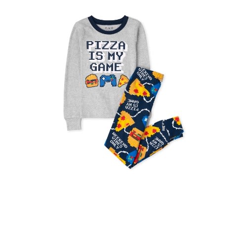 Boys Pizza Is My Game Snug Fit Cotton Long Sleeve Pyjamas Sleepwear- Grey