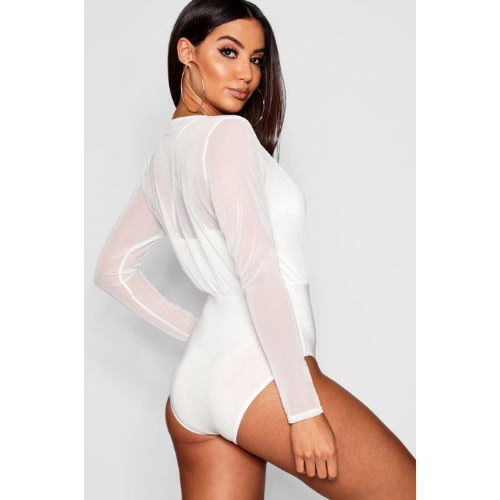 Mesh 2-in-1 Strappy Bodysuit-white
