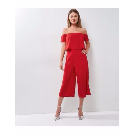 Layered Off Shoulder Culotte Jumpsuit- Red