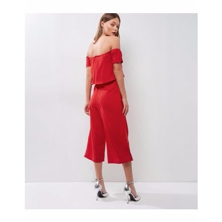 Layered Off Shoulder Culotte Jumpsuit- Red