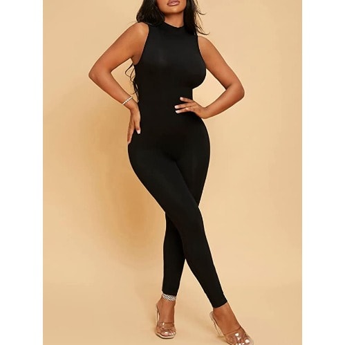 Make Me Chic Women's Sleeveless Mock Neck Bodycon Jumpsuit