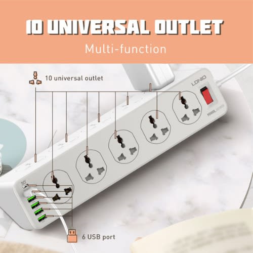Sc10610 Surge Protection 30w 6-port Usb Charger With 10 Outlets / 5 Usb-a / 1 Usb-c 200cm Power Cord