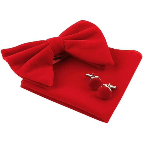 Velvet Bowtie With Cufflinks And Pocket Square  - Red