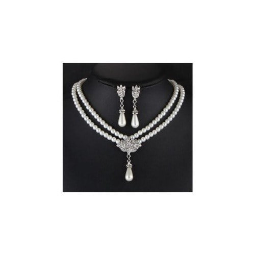 Double Layer Pearl Earrings And Necklace Jewelry Set - Silver