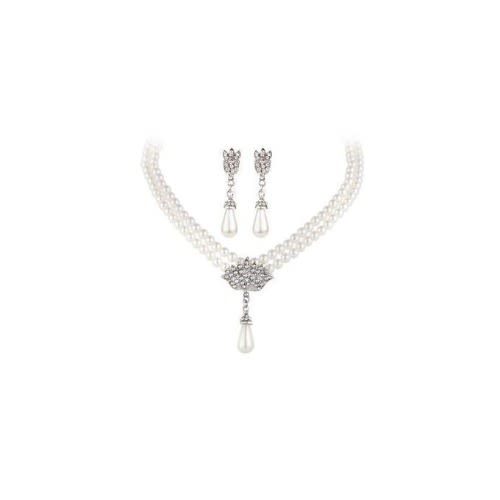 Double Layer Pearl Earrings And Necklace Jewelry Set - Silver