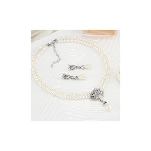 Double Layer Pearl Earrings And Necklace Jewelry Set - Silver