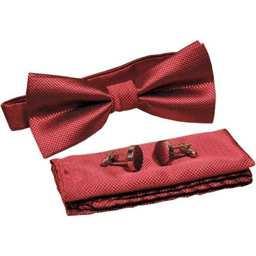 Men's Bowtie With Cufflinks And Pocket Square  - Wine