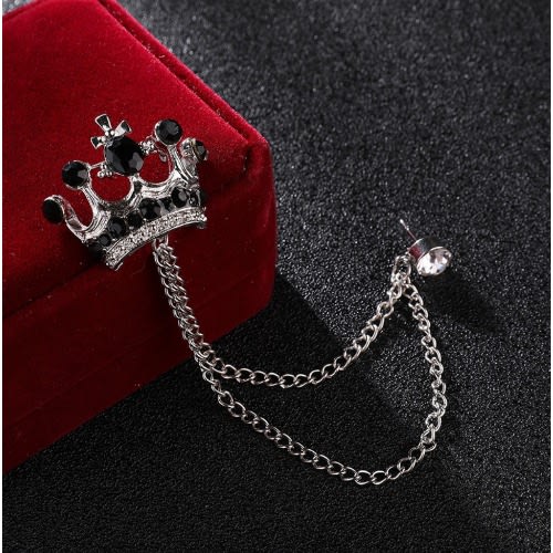 Crown Lapel Brooch With Black Stones - Silver
