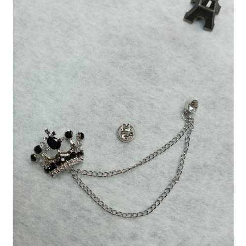 Crown Lapel Brooch With Black Stones - Silver