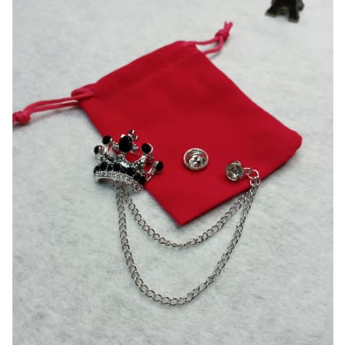 Crown Lapel Brooch With Black Stones - Silver