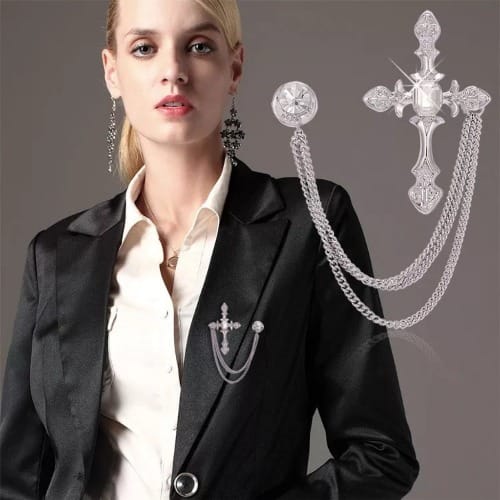Cross Lapel Brooch With Free Pouch - Silver